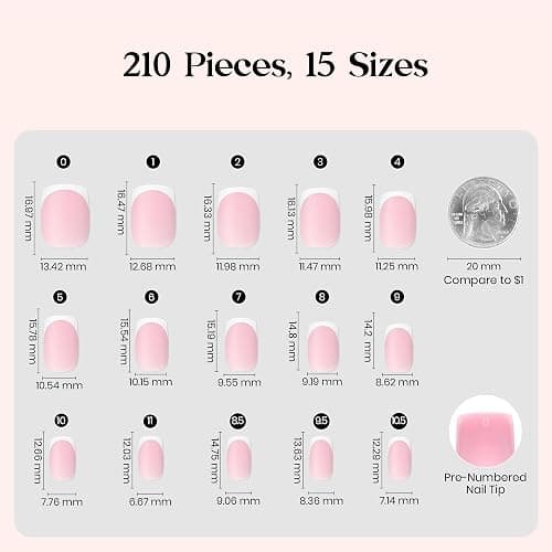 Beetles X Press Plus French Tip Nails - Peach French | Pink Extra Short Square Press On Nails | 15 Sizes 210 Pcs Natural Salon Quality Gel Nail Tips thumbnail 4