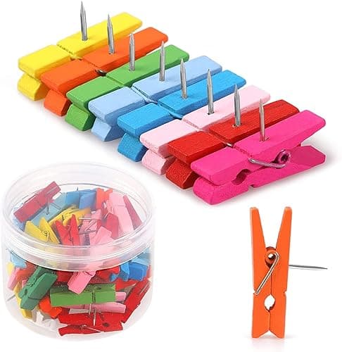 50 PCS Colorful Push Pin with Wooden Clips, Durable, Decorative Pushpins Tacks Thumbtacks for Cork Board Artworks Notes Photos, Craft Projects, Offices and Homes (8 Colors) - Image 1