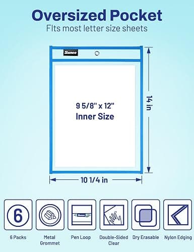 SUNEE 6 Packs Oversized Reusable Dry Erase Pocket Sleeves with Binder Ring, 6 Assorted Colors 10x14 Ticket Holders, Clear Plastic Sheet Protectors, Teacher School Classroom Supplies thumbnail 2