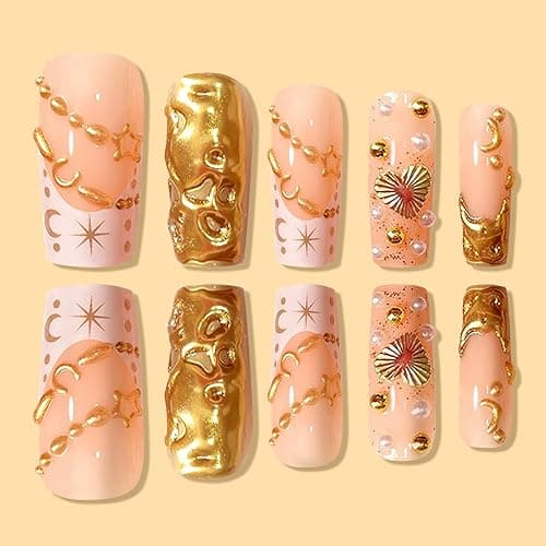 HOSAILY Gold Star Moon Press On Nails Medium Square - Semi-Handmade Fall Autumn/New Year Y2K Luxury False Fake Nail for Women, Gold Metal Heart Charms Design-24Pcs Durable Flexible Full Kit with Tools thumbnail 2