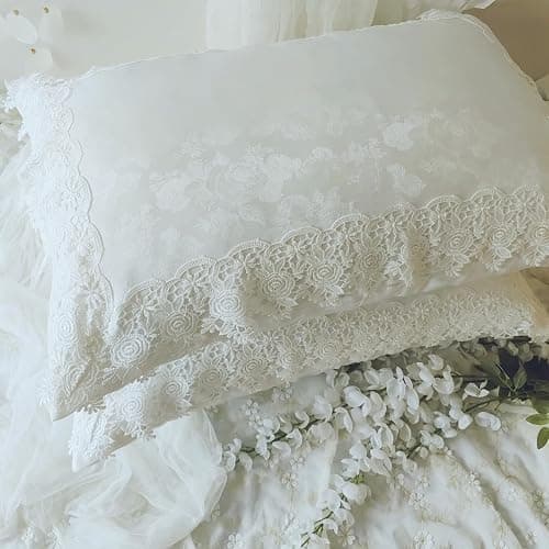 High-End White Pillow Cover with Carved Art & Lace,Floral Pillow Shams 20x26 Inch Set of 2,Pillowcases Standard Size for Farmhouse Décor Pillowcases thumbnail 9