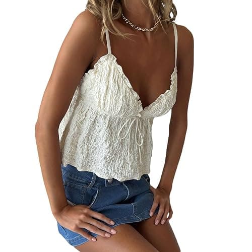 Women Teens Cute Babydoll Tops Y2k Floral Lace Trim Camisole Ruffle Tank Top Summer Flowy Peplum Top Streetwear thumbnail 5