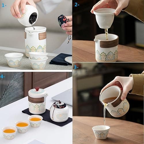 Porcelain Chinese Gongfu Tea Set,Portable Teapot Set Ceramic Travel Sets with Teapot and Infuser/Cups in Bag Asian Tea Sets Gift for Birthday/Father's day/Festivals,Outdoor Traveling,Office Business thumbnail 5