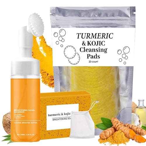Turmeric Wash and Care Three Piece Set,Tuemeric Facial Cleanser & Turmeric Soap Bar & Turmeric Face Scrub Pads,Turmeric Cleansing Skincare Set for Face & Body, Deep Cleansing - Image 1