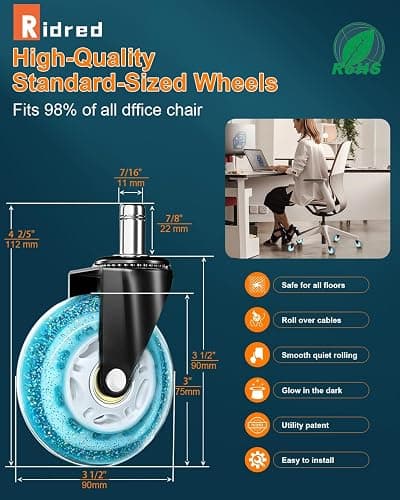 RidRed Gaming Chair Wheels - Heavy-Duty Office Chair Wheels - Replacement Rubber Casters- Universal Fit 3 Inch Chair Casters, Noise Free, Fits 98% Chair, for All Floor thumbnail 9