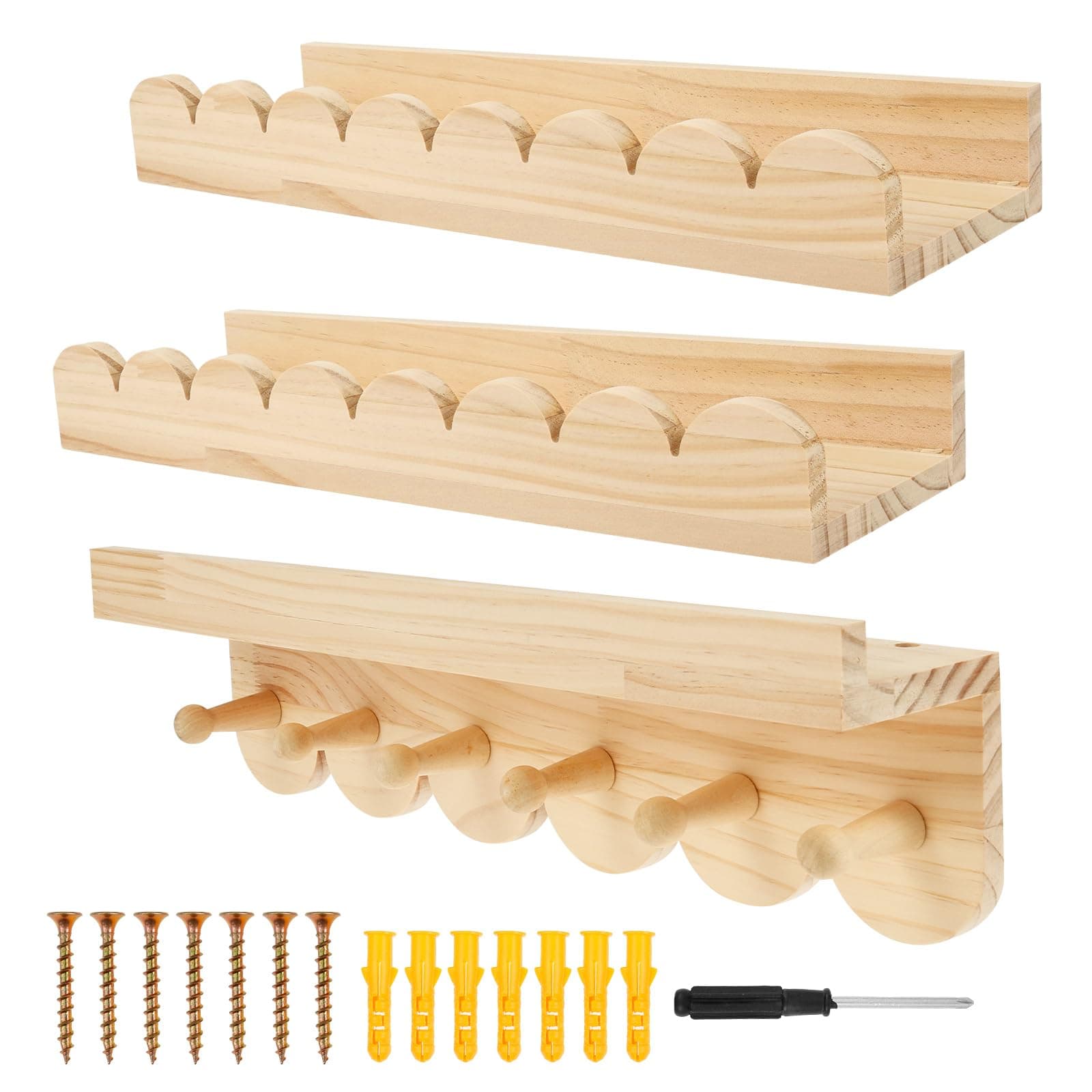 3Pcs Floating Wall Shelves, Scalloped Edge Wooden Shelves for Nursery & Toddler Room, Strong Load Bearing Storage Display Shelf for Living Room, Bedroom, Bathroom (Burlywood) - Image 1