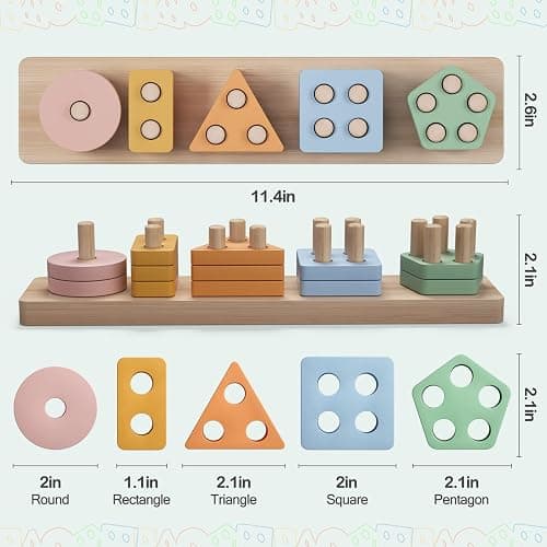 PEBIRA Montessori Toys for 1 2 Year Old, Wooden Sorting and Stacking Toys for Toddlers, Baby Shape Sorter and Color Stacker Blocks for Toddler, Preschool Learning Toy, Gift for 12-18 Month Boys Girls thumbnail 7