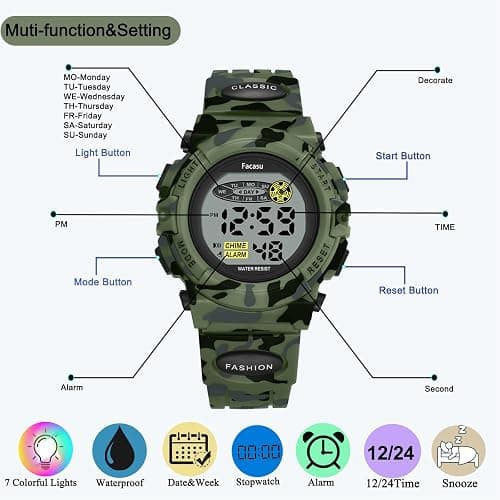 Facasu Kids Watch Digital for Boys-Waterproof Kids Sports Watch with Light, Alarm&Snooze,Stopwatch Military Design Silicone Band Gift for Birthdays,Christmas Outdoor Activities(8+ Years) thumbnail 6