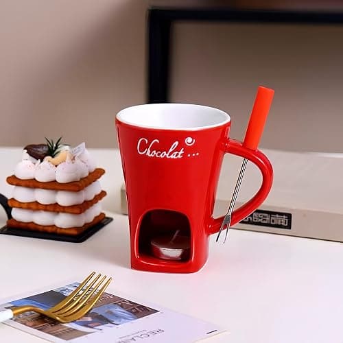 CREHNIL Chocolate Melting Mug Cheese Candy Mini Fondue Pot With Forks (Red) thumbnail 8