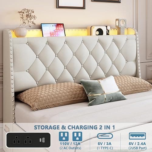 Queen Size Bed Frame with 4 Drawers and Storage Headboard, Upholstered Button Tufted Platform Bed Queen with Led Lights and Charging Station, No Box Spring Needed, Easy Assembly, Noise Free, Beige thumbnail 3