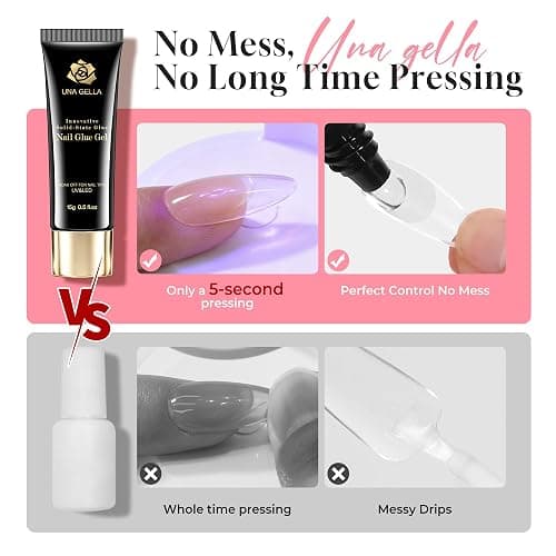 UNA GELLA Solid Nail Glue Super Strong for Press On Nails & Nail Tips 15g | Lamp Curing Needed, Long-Lasting Glue Gel for Clear Flase Fake Nails, Home DIY Salon Acrylic Nail Art Extension for Beginners thumbnail 5