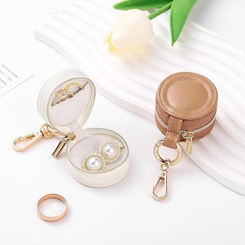 Oranllow 2 Pcs Portable Jewelry Ring Holder Boxs with Keychain, Small Jewelry Travel Sports Ring Keeper Case Earring Stud Necklace Storage Organizer Case (White+Khaki) thumbnail 2