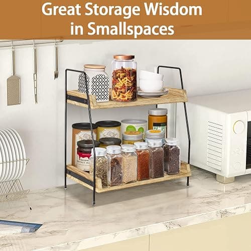 2 Tier Coffee Station Organizer for Countertop Coffee Bar Accessories and Organizer, Wooden Kitchen Counter Shelf Coffee Condiment Storage for Bathroom, Kitchen, Coffee Bar, Holiday Decorations thumbnail 7