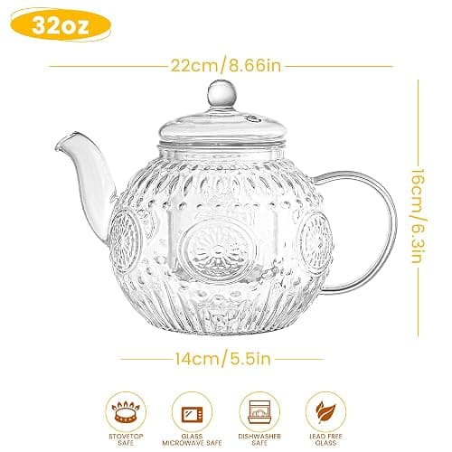 Bandesun Vintage Glass Teapot, Tea Kettle with Removable Infuser 32OZ/1000ml, Borosilicate Glass Pot -Stovetop Safe, Blooming & Loose Leaf Tea Maker Set thumbnail 3