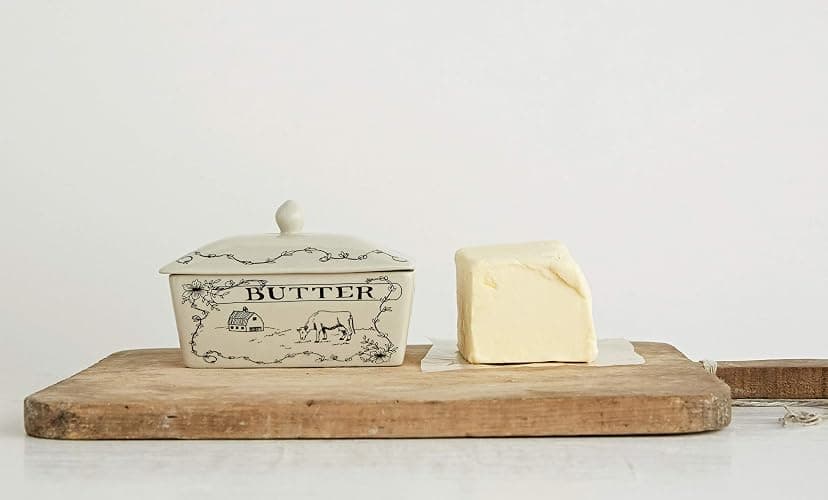 Creative Co-Op Country Stoneware Butter Dish with Lid, "Spread the Love" Message, and Farm Line Drawing, White and Black, Food, Microwave, and Dishwasher Safe thumbnail 2