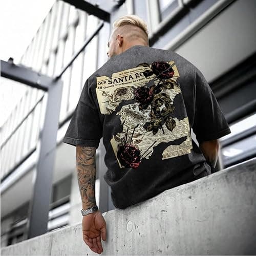 Lubpow Mens Acid Wash Tshirt Oversized Vintage Graphic T-Shirts Cool Grunge Rose Floral Shirt Trendy Y2K Streetwear Tee Tops thumbnail 3