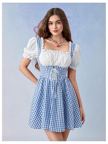 WDIRARA Women's Vintage Cottagecore Gingham Dresses Puff Sleeve Lace Up Corset Flared Dress thumbnail 2