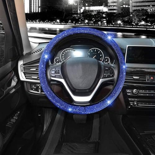 Valleycomfy Steering Wheel Cover for Women Men Bling Bling Crystal Diamond Sparkling Car SUV Wheel Protector Universal Fit 15 Inch (Black with Blue Diamond,Standard Size(14" 1/2-15" 1/4)) thumbnail 3