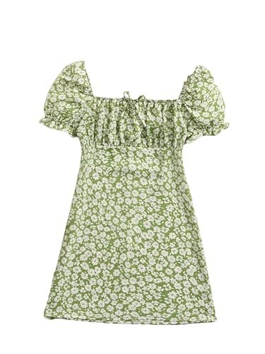 Verdusa Girl's Floral Print Puff Sleeve Square Neck Shirred Swing A Line Dress - Image 1