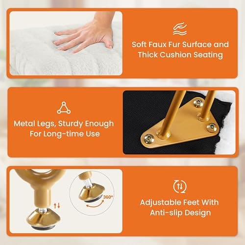 Sweetcrispy Vanity Stool Chair with Storage, Ottoman Faux Fur Soft Padded Makeup Footstools Seat with 4 Metal Legs Anti-Slip Adjustable Feet Modern Cute Small Footrest for Home Entryway Bedroom White thumbnail 7