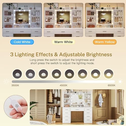 TEENFON Dressing Table with 3-Color LED Lights Mirror, Adjustable Brightness, Vanity Table Makeup Desk with 9 Drawers and 7 Storage Shelves, Modern Vanity Desk for Bedroom Dressing Room, White thumbnail 4