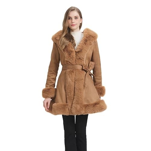 GRAN ORIENTE Suede Jacket for Women with Faux Fur Collar,Long Sleeve Warm Winter Parka Coat with Belt Outerwear thumbnail 2