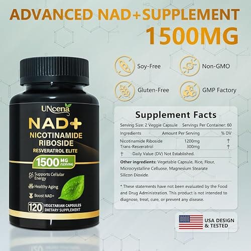 UNcena NAD Supplement 1500mg - Liposomal NAD+ Nicotinamide Riboside with Resveratrol, NAD Plus Boosting - Support Cellular Health, Stamina & Healthy Aging for Women & Men- 120 Capsules thumbnail 2