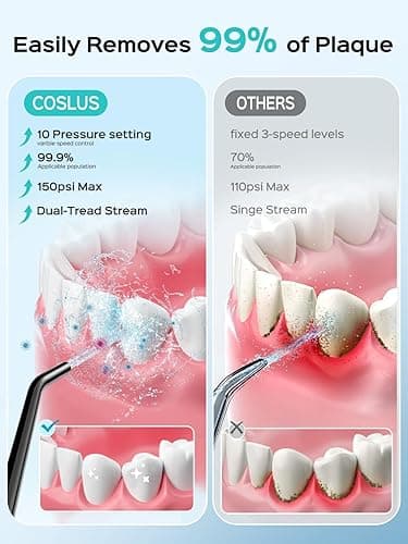 COSLUS Cordless Water Flosser & Dental Pick for Teeth, Braces, Gums Care - Advanced 10 Pressure Settings for Multiple Users, Rechargeable, Portable for Travel, BPA-Free, Black, E40(WFP14) - Black thumbnail 2