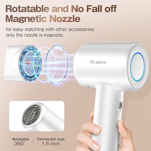 Labiim Hair Dryer, High-Speed Ionic Low Noise Blow Dryer with Brushless Motor for Fast Drying, Thermo-Control Quiet Compact Hair Blow Dryer, Hairdryer with 1 Nozzle Attachments for Home Salon Travel thumbnail 6
