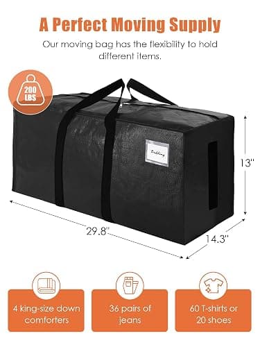 SWEET DOLPHIN 8 Pack 200LB Heavy-Duty Moving Bags with Wrap-Around Handles, Extra Large Storage Totes for Space Saving, Clothes Storage Bags, College Dorm Essentials, Black, 24 Gal thumbnail 2