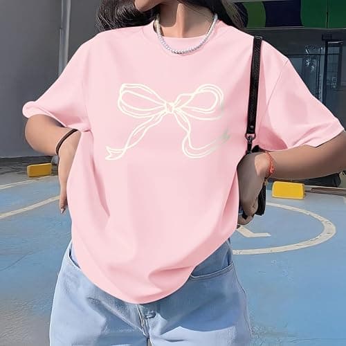 Weripoah Bow Oversized Shirts for Girls Graphic Cute Shirt for Teen Preppy Aesthetic Tshirt Girls' Summer Casual Coquette Top thumbnail 4