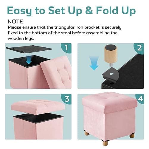 BRIAN & DANY 15" Small Ottoman with Storage Cube, Square Storage Ottoman Foot Stool with Wood Legs, Velvet Ottomans for Living Room, Bedroom, Dorm, Pink thumbnail 5