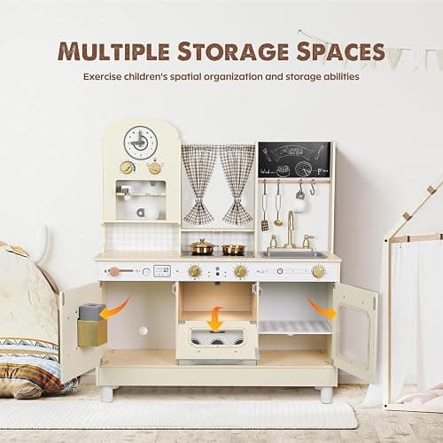 EDUBEBO Kids Kitchen playset, Wooden Play Kitchen, Height Adjustable, Comes with Various Kitchen Accessories, Ideal Role Play Toy Gift for Toddlers and Kids Ages 3-8 (White) thumbnail 7