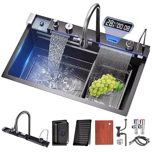 FIVIXIL Kitchen Sink Whale Double Waterfall Sink with LED Display with Cup Washer, soap Dispenser, Waterfall Mixer, countertop Controls, etc. Workstation Kitchen Sink (Gun Grey, 31.5 * 18.1 * 8.7IN) - Image 1