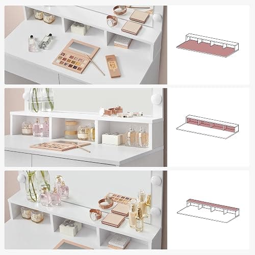 VASAGLE Vanity Desk with Mirror and Lights, Makeup Desk with Large Mirror, Adjustable Brightness, Vanity Table, 2 Drawers, 3 Compartments, Modern, Cloud White URDT185T14 thumbnail 7