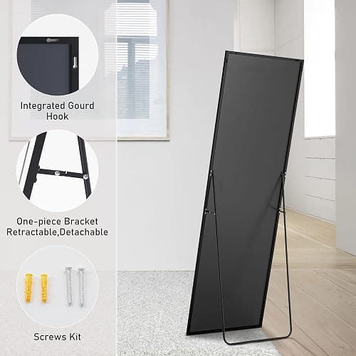 Sweetcrispy 65"x21" Full Length Body Floor Mirror Standing Hanging or Leaning Against Wall, Large Wall Mirror with Stand Aluminum Alloy Frame for Bedroom, Black thumbnail 6