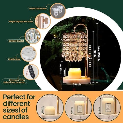 LUBITA Candle Warmer Lamp with Timer Dimmable and 3 Bulbs, Lamp Candle Warmer with Marble Base for Adjustable Height, Crystal Wax Melt Warmer for Jar Candles, House Warming Decor Gifts, French Gold thumbnail 3