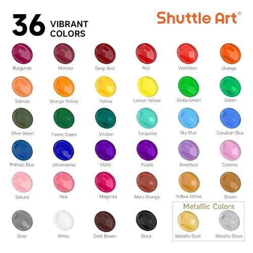 Shuttle Art Acrylic Paint, 36 Colors Acrylic Paint Set with Brushes & Palette, 2oz/60ml Bottles, Rich Pigments Non-toxic for Artists Kids & Adults, Painting on Canvas Rocks Ceramic Wood thumbnail 3