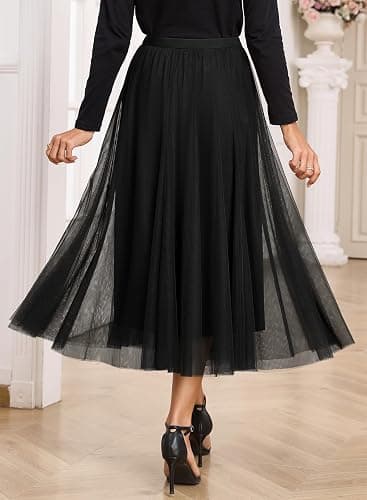 Happy Sailed Womens Tulle Skirt Fall Fashion Elastic High Waisted A-Line Layered Flowy Long Tutu Skirts Date Night Outfits thumbnail 7