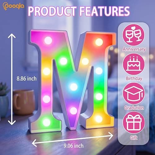Pooqla Colorful LED Marquee Letter Lights with Remote – Light Up Marquee Signs – Party Bar Letters with Lights Decorations for the Home - Multicolor M thumbnail 3