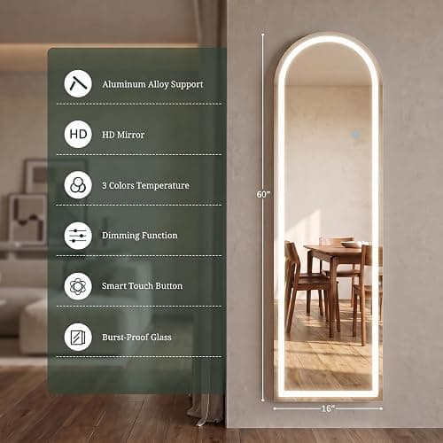 Arched LED Full Length Mirror with Lights, 60"x16" Lighted Full Body Mirror | Dimmable & 3-Color Lighting, Standing Leaning Wall Mounted Mirror for Bedroom, Dressing Room, Cloakroom thumbnail 2