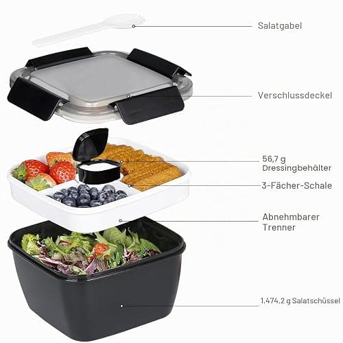 Greentainer Lunchbox Auslaufsichere Bento Box mit 1 Gabel, Salatbehälter mit Dressingbehälter, 3 Fächer Salatbox-to-go für Schule,Arbeit,Picknick, Reisen,Camping (Schwarz, 1500 ML) thumbnail 4