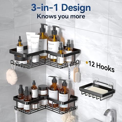 YASONIC Corner Adhesive Shower Caddy, with Soap Holder and 12 Hooks, Rustproof Stainless Steel Bathroom Organizer, No Drilling Wall Mounted Rack, Black, 3-Pack thumbnail 7