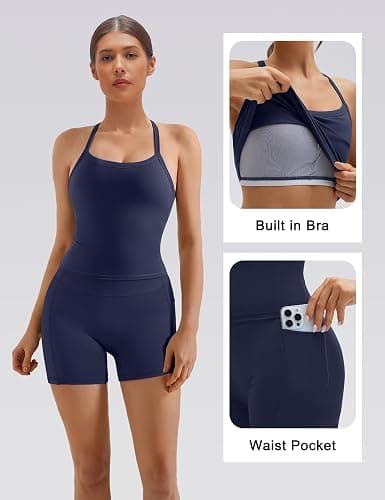 SUUKSESS Women 2 Piece Workout Sets High Waisted Biker Shorts with Pockets Built in bra Racerback Tank Tops thumbnail 3