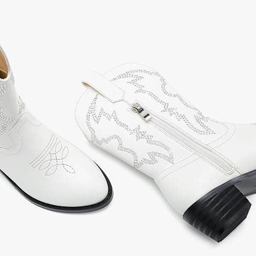 LAURMOSA Girls Cowboy Boots Pull On Cowgirl Boots Pointed Toe Mid Calf Western Boots for Little Kid Big Kid - 3 Big Kid - Rhinestone White thumbnail 5