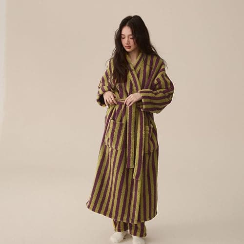 Homgro Women's Fuzzy Fleece Long Robe Striped Plush Kimono Warm Thick Fluffy Oversized V Neck Loungewear Maxi Bathrobe thumbnail 6