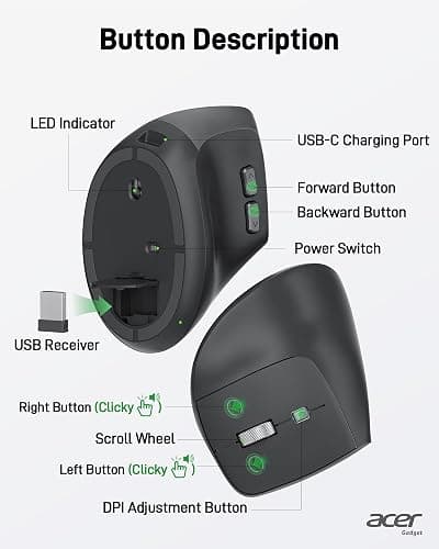 acer Ergonomic Mouse Wireless, Adjustable DPI Vertical Mouse 1000/1200/1600 with 6 Buttons, Rechargeable Ergo Mice with 2.4GHz USB Receiver for Computer, Laptop, PC, iMac and Desktop thumbnail 6