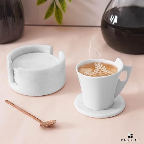 Radicaln White Marble Coasters Set of 6 Handmade 3.5" Inch Round Coasters for Drinks, Elegant Coaster Set with Holder for Dining and Coffee Table thumbnail 2