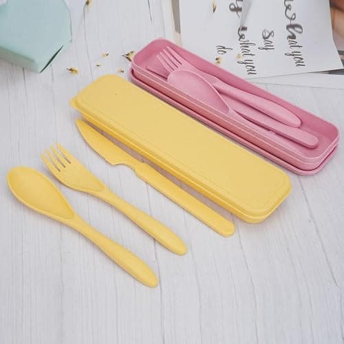 2 Sets Reusable Utensil Set with Case, Portable Camping Fork Knife Spoon Set, Utensils for Party, Travel, Work, Picnic, Daily Use (Yellow, Pink) thumbnail 2