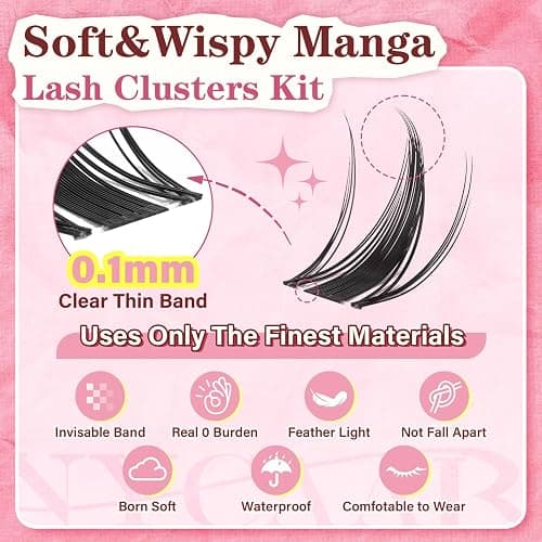 NYCAAR Fairy Lash Clusters Kit Spiky Manga Lash Clusters D Curl 144Pcs 8-18mm Lash Extension Kit Wispy Invisible Band Lashes Kit with Bond and Seal,Applicators DIY at Home(Fairy) thumbnail 2